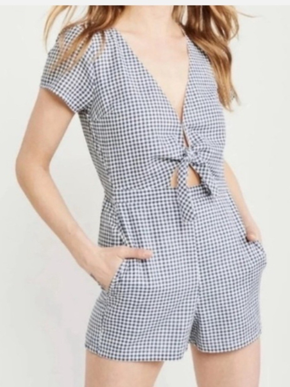 Abercrombie & Fitch Gingham Tie Front Romper Blue & White Small